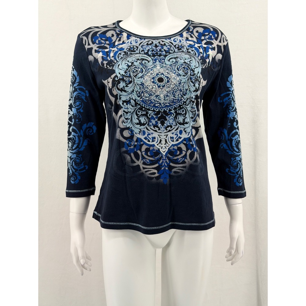 Blue Canyon Top Womens XL Navy Embellished 3/4 Sleeve Artsy Eclectic Y2K Grunge